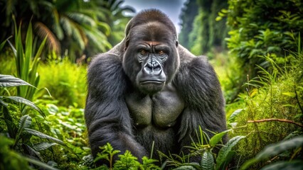 Naklejka premium Majestic Gorilla in Natural Habitat Displaying Strength and Intelligence in Lush Green Environment