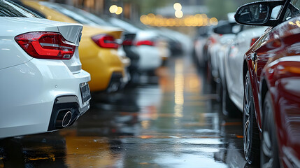 A row of parked cars reflecting in wet pavement after rain.