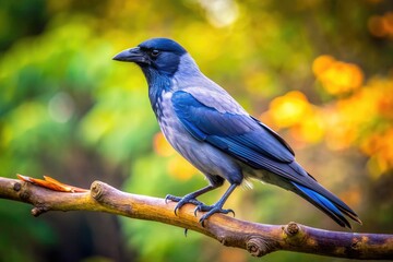 Obraz premium Majestic Gray Crow Perched on a Branch Against a Soft Background of Nature's Serenity and Beauty
