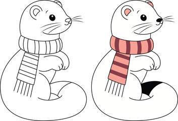 Cute ermine outline coloring page. Christmas and Winter animal illustration