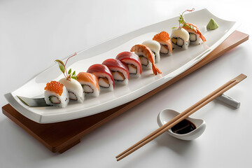Set of delicious sushi rolls with copy space