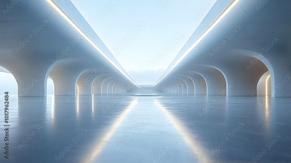 Poster a serene architectural space with smooth surfaces and soft lighting.