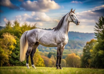 Fototapeta premium Majestic Gray Thoroughbred Horse Standing Gracefully in a Beautiful Natural Outdoor Setting