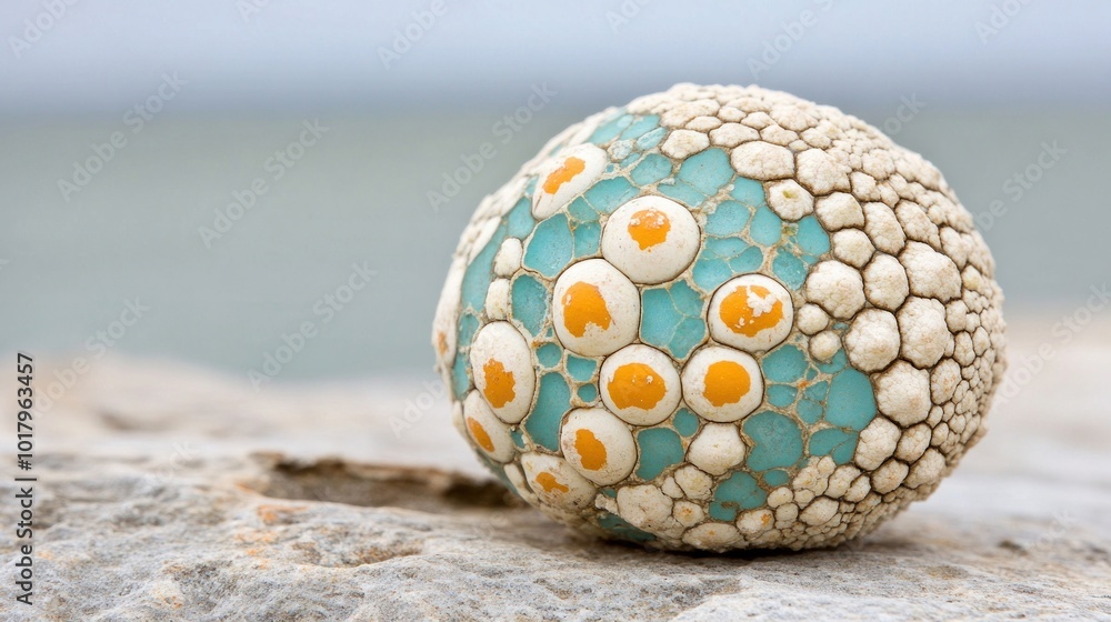 Poster unique textured sphere with intricate patterns found by the shoreline