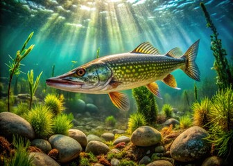 Fototapeta premium Majestic Great Northern Pike Swimming in Clear Water Surrounded by Lush Aquatic Vegetation and Rocks