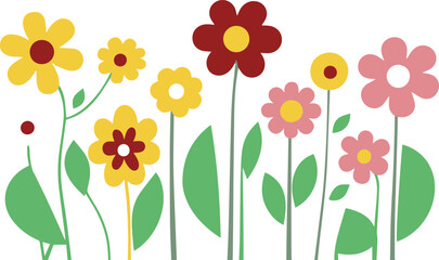 vector illustration of six stylized flowers in different shapes and colors on a white background
