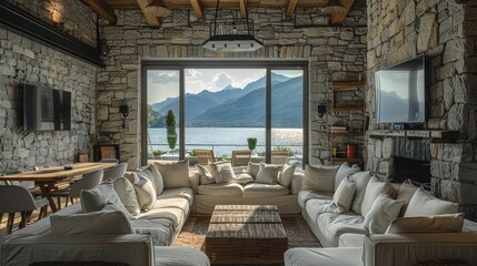 Rustic Style Restaurant Interior with Grey Stone Wall, Cozy Couches, and Television. Scenic Lake View Through the Window.