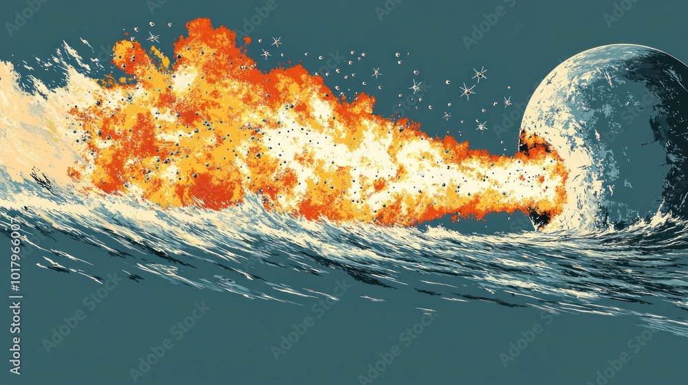 Poster cosmic collision exploring the impact of space objects on earth's oceans and atmosphere