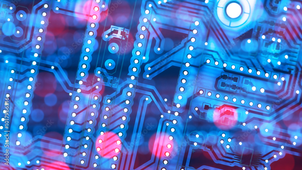 Poster digital board. computer background. it backdrop. digital board with blue glow. pcb background. micro