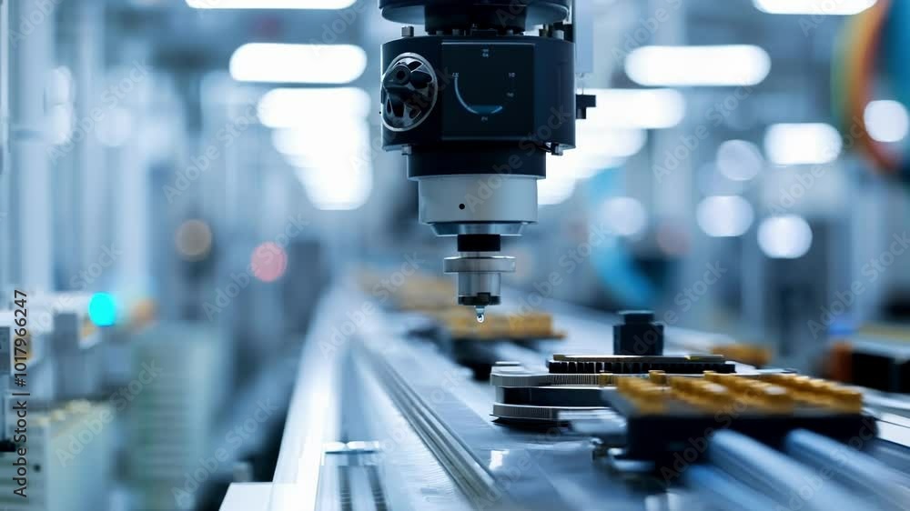 Poster robotic arm dripping a drop of liquid onto a component on a production line in a factory, showcasing