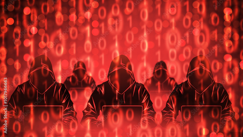 Poster hacker background. group of cyber criminals. binary code near hackers with laptops. cyber army at wo