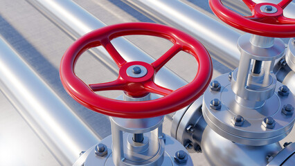 Gas equipment. Fuel pipes. Gas infrastructure. Red valves on pipelines. Valves for controlling...