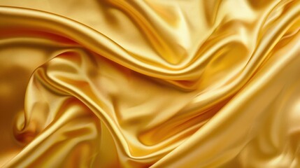 Obraz premium Golden silk fabric with luxurious wavy folds. Close-up of shiny and smooth cloth texture. Design for textile, fashion, wallpaper, background.