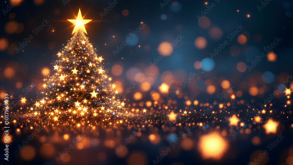 Poster a glowing christmas tree with a large star on top is surrounded by shimmering lights and a bokeh eff