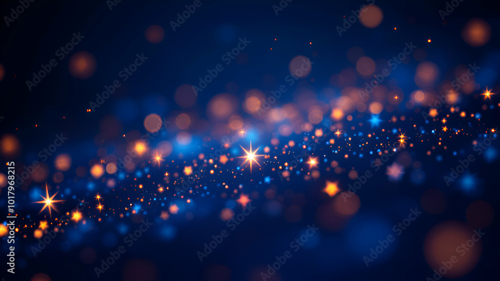 Poster a dark blue background with out-of-focus blue and orange lights, creating a bokeh effect with a subt