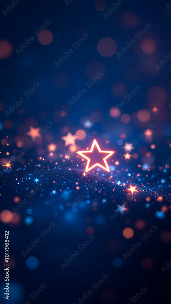 Poster a single neon star glows brightly against a dark blue background, surrounded by bokeh lights and spa