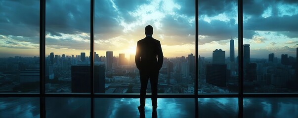 Fototapeta premium Silhouetted figure gazing at a breathtaking city skyline during sunset, symbolizing ambition and new beginnings.