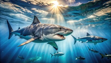Fototapeta premium Majestic Great White Sharks Swimming Gracefully in Crystal Clear Ocean Waters Under Bright Sunlight