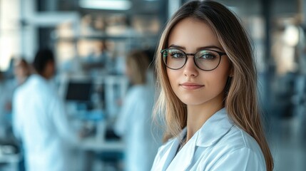 Fototapeta premium A young female scientist wearing glasses in a laboratory, symbolizing research, innovation, and scientific discovery. Ideal for themes related to STEM, medical research, and laboratory work.