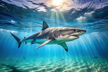 Fototapeta premium Majestic Great White Shark Swimming Gracefully Through Crystal Clear Ocean Waters Underwater Scene