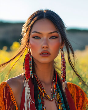 A photo of a beautiful Native American woman, fashion photography
