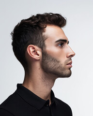 Fototapeta premium Profile portrait of a young man with short hair and beard against a light background