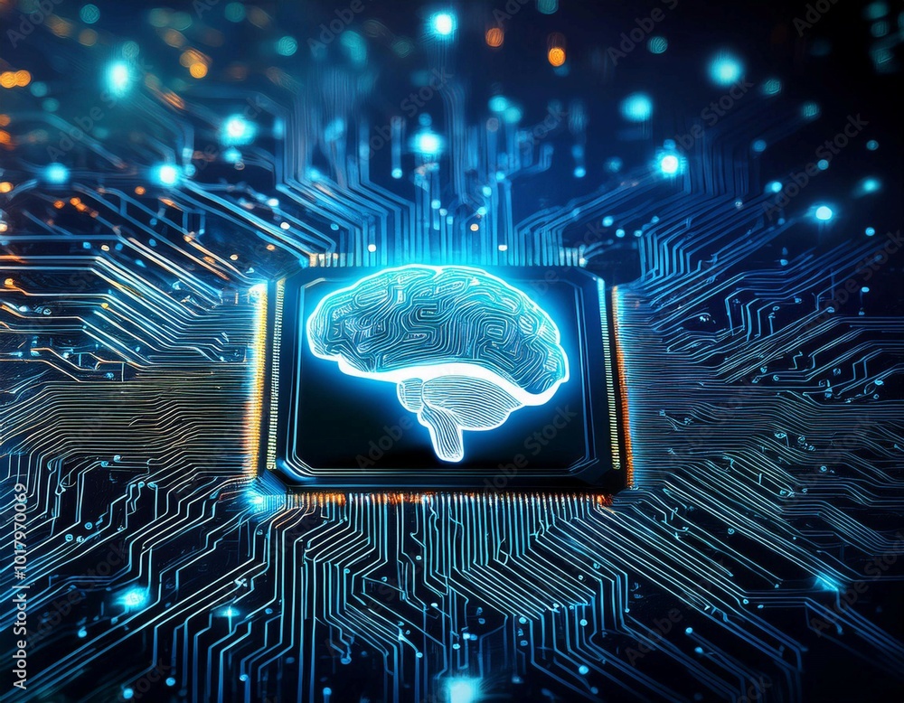 Poster intricate circuit board with illuminated brain symbol representing artificial intelligence technolog