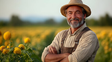 Fototapeta premium A smiling farmer stands confidently in a field of sunflowers.