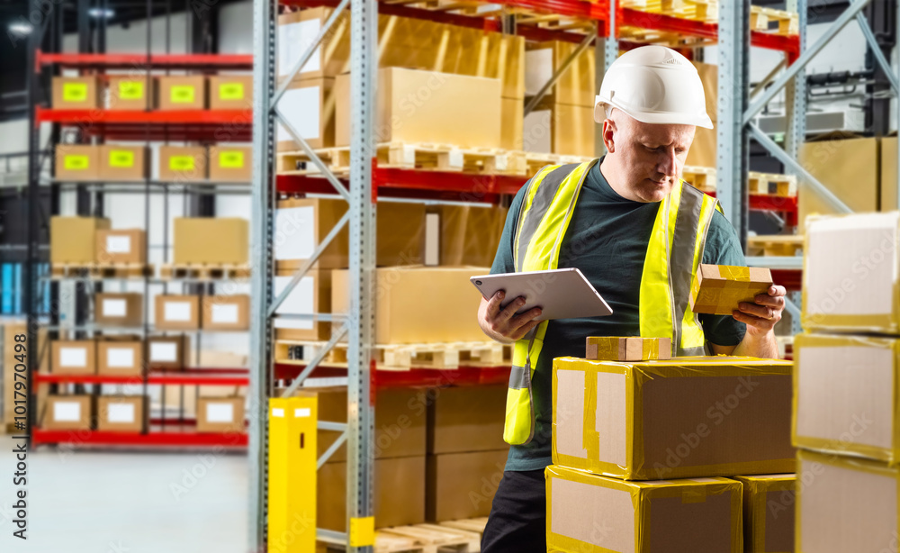 Poster warehouse worker. man with boxes inside storage. warehouse supervisor using e-tablet. storekeeper in