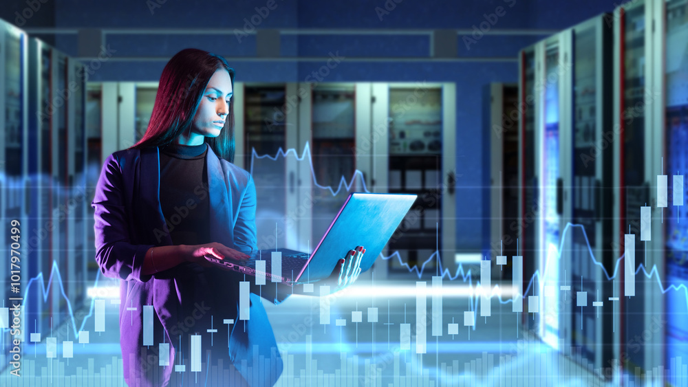 Poster woman is standing in server room. system administrator at work. head of hosting company. woman manag
