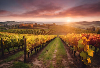Naklejka premium Sunset over a vibrant vineyard with rolling hills in the background, showcasing autumn colors during harvest season