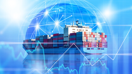 Container ship for cargo delivery. Sea vessel near globe. Ocean freight growth chart. Container...