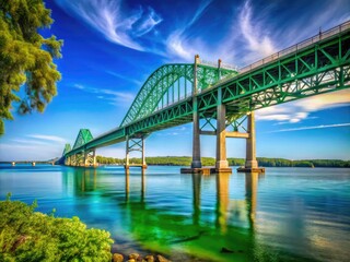 Naklejka premium Majestic Green Bay Bridge Spanning Across the Water Beneath a Clear Blue Sky and Lush Greenery