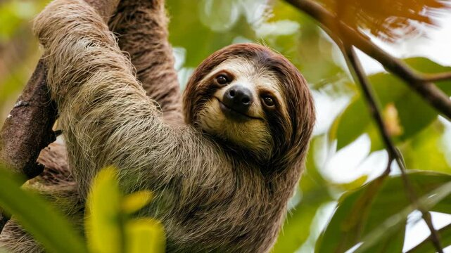 Sloth hanging from tree lazily gazing into camera with relaxed expression
