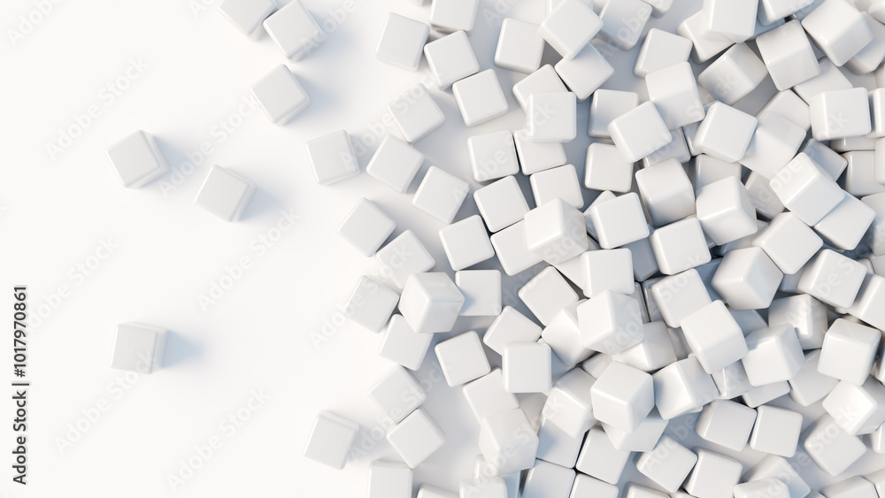 Poster white background. scattered cubes on surface. simple geometric background. abstract backdrop. light 