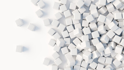 White background. Scattered cubes on surface. Simple geometric background. Abstract backdrop. Light texture. White pattern. Background for use in design. Texture for advertising. 3d image