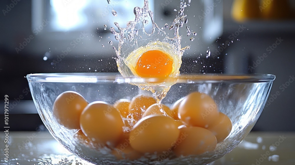 Aufkleber Captivating Slow-Motion Moment Egg Cracking into Bowl with Splashes of Water