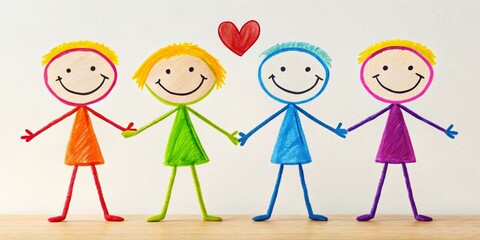 Fototapeta premium Joyful stick figures, painted in vibrant colors, celebrate friendship with playful gestures, depicting warmth and connection through an engaging