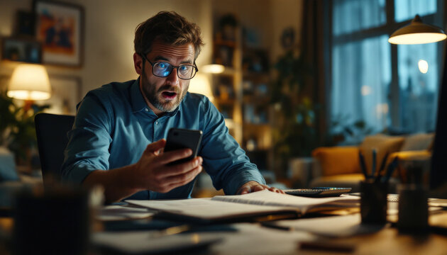 Le t&eacute;l&eacute;phone &agrave; la main, il se fige brusquement, incapable de d&eacute;tourner les yeux de l&rsquo;&eacute;cran. La surprise inonde son visage, laissant un silence lourd.
