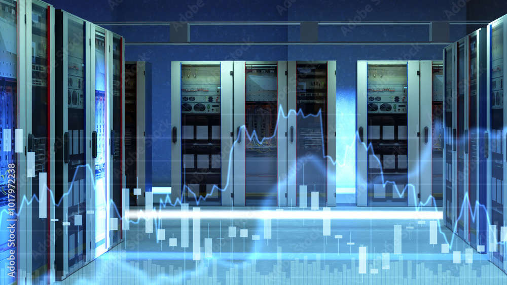 Poster load on servers equipment. fluctuating charts. servers cabinets in dark room. data center. servers f