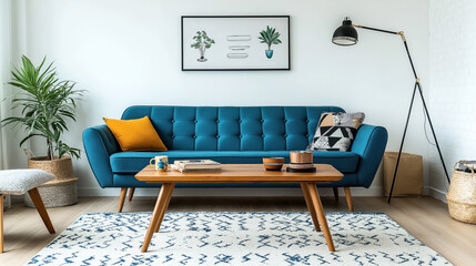 Modern living room with a teal sofa, wooden coffee table, floor lamp, framed plant artwork, potted plants, decorative pillows, and rug with geometric pattern.