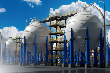 Oil refinery. Factory with BPVC. Spherical high pressure tanks. Oil refining manufactory....