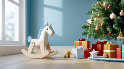 charming rocking horse sits beside beautifully decorated Christmas tree, surrounded by colorful gifts and cozy atmosphere, perfect for babys room