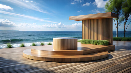 Obraz premium Modern Wooden Product Podium by the Beach. Perfect for: Luxury product launches, Outdoor exhibitions