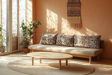 Minimalist, a modern japandi interior photo of a living room with orange walls and a sofa and mottled cushion where artwork hangs. Generative AI
