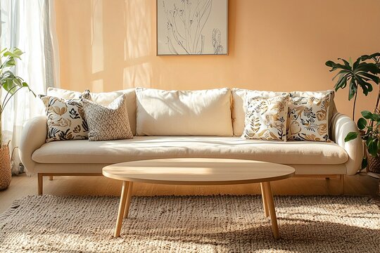 Minimalist, a modern japandi interior photo of a living room with orange walls and a sofa and mottled cushion where artwork hangs. Generative AI
