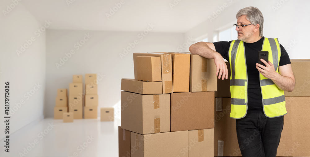Poster moving specialist. man with boxes in empty room. guy with phone in yellow vest. man helping to make 
