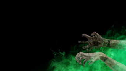Two zombie hands with bloody wound shown with green smokes on dark background. Hand appearing to be devil, evil, satan, or monster hands