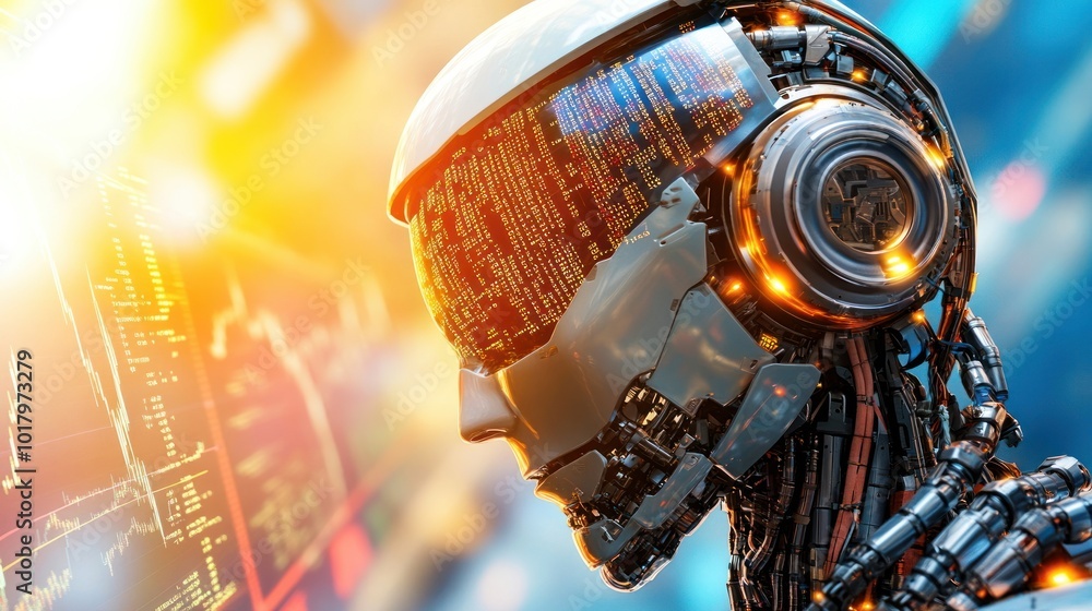 Poster Futuristic Robot with Digital Interface Highlighting AI and Technology Innovations