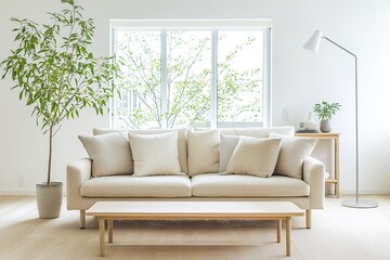 Fototapeta premium Minimalist, a modern japandi interior photo of a living room with windows and a view of the sofa and table. Generative AI 